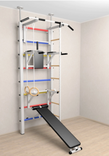 Шведская стенка Sv Sport враспор (Турник стандарт/Брусья/Стойка/Скамья/Канат/Кольца/Лестница) ( 275-295см) В 708 ( Белый) ( Разноцветные перекладины )