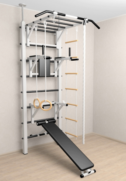 Шведская стенка Sv Sport враспор (Турник рукоход/Брусья/Стойка/Скамья/Канат/Кольца/Лестница) (275-295 см) В727